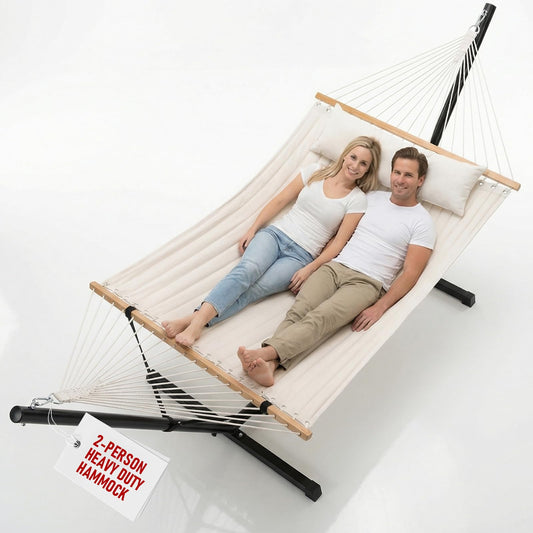 FULIYE Double Hammock with Stand for Outdoor，2 Person Heavy Duty Portable Hammock with Adjustable Steel Stand and Balance Ropes Included – for Patio, Backyard, Garden, Beach((Beige)