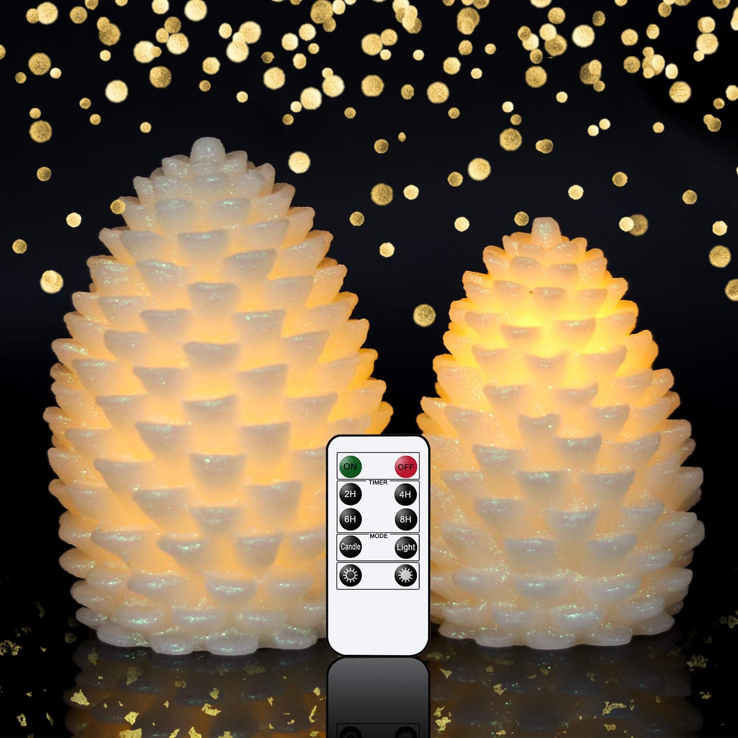 Wondise Pine Cone Flickering Flameless Candles with Remote and Timer, Battery Operated LED Real Wax Flameless Candles, for Christmas Decoration, Set of 2(Ivory)