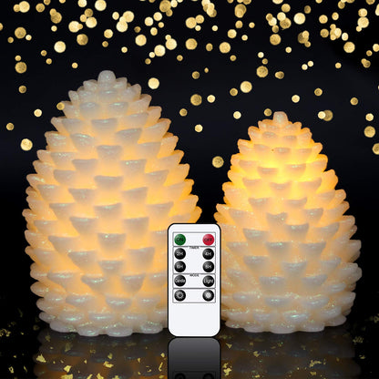 Wondise Pine Cone Flickering Flameless Candles with Remote and Timer, Battery Operated LED Real Wax Flameless Candles, for Christmas Decoration, Set of 2(Ivory)