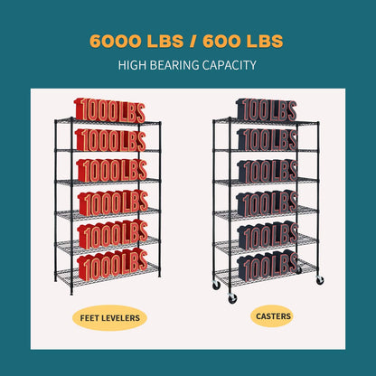 BestMassage Wire Shelving Unit Heavy Duty Garage Storage Shelves Large Metal Shelf Organizer 6-Tier Height Adjustable Commercial Grade Utility Steel Rack with Wheels,18 x 48 x 72 (Black)