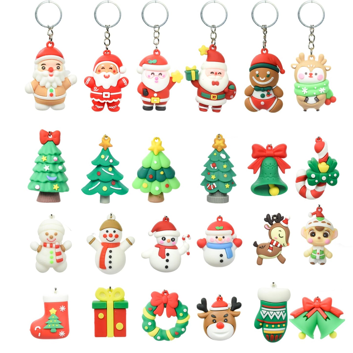 YUNILE 24Pcs Christmas Party Giveaways for Adults,3D Silicone Christmas Keychains Bulk - Santa Claus Snowman Xmas Tree Reindeer Silicone Hanging Ornaments with Key Rings