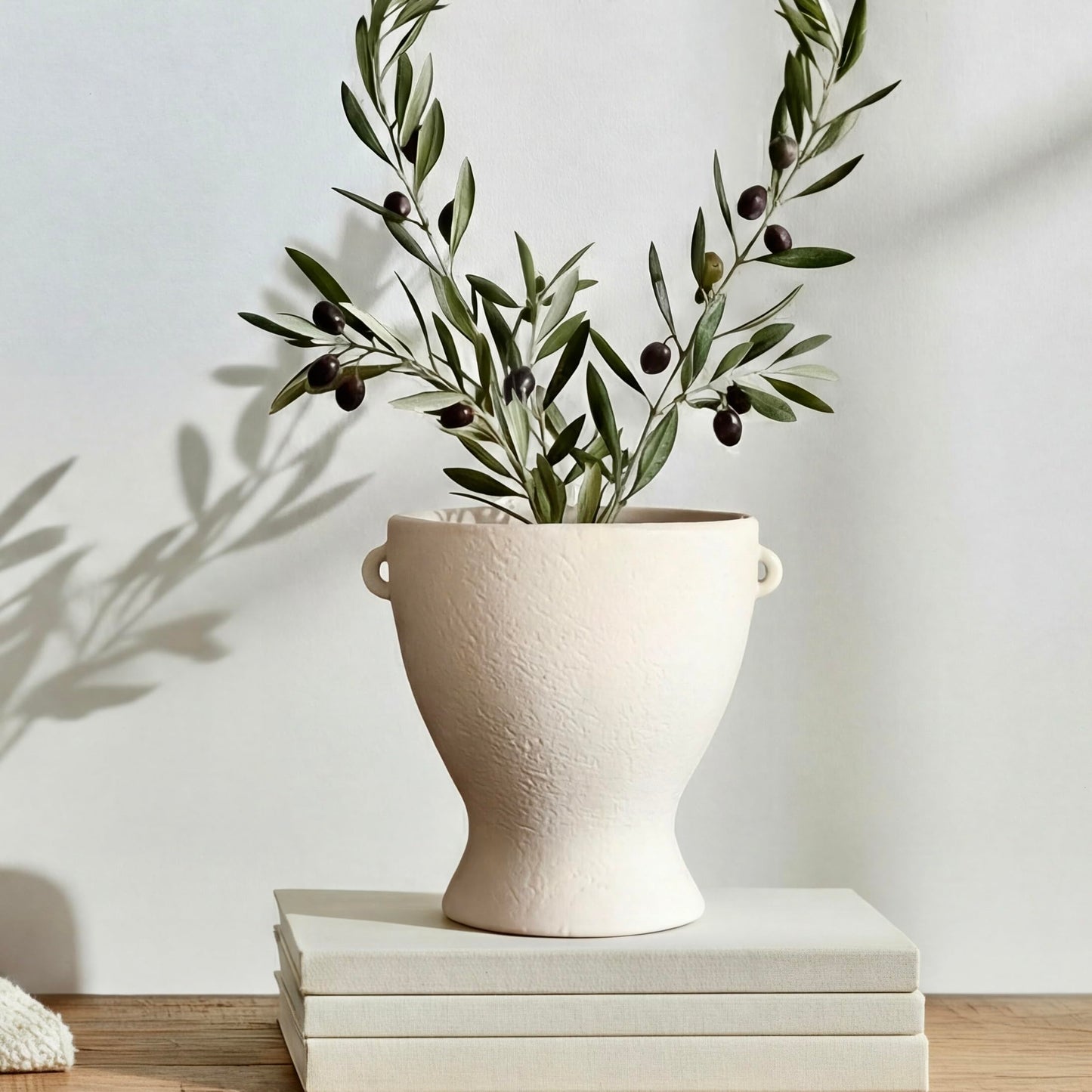 Ceramic Vase with Handles - Modern Terracotta Rustic Pottery for Home Decor, Living Room, House Decor Accents, Bookshelf, Console (Off-White)