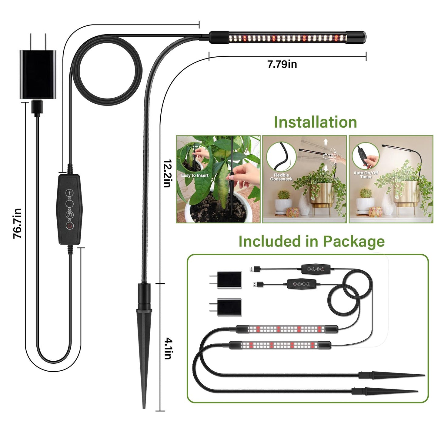 Grow Lights for Indoor Plants, 6000K Full Spectrum Plant Growth Light, Plant Lights for Indoor Growing 5 Level Dimmable & Auto Timer, Adjustable Gooseneck Grow Lamp 2 Pack