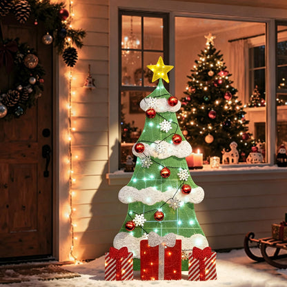 3ft 2D Christmas Tree Outdoor Decorations with 100 Twinkling LED Lights, 8 Light Modes, Large Holiday Yard Ornament for Patio, Lawn, Home（Sphere+Snowflake）