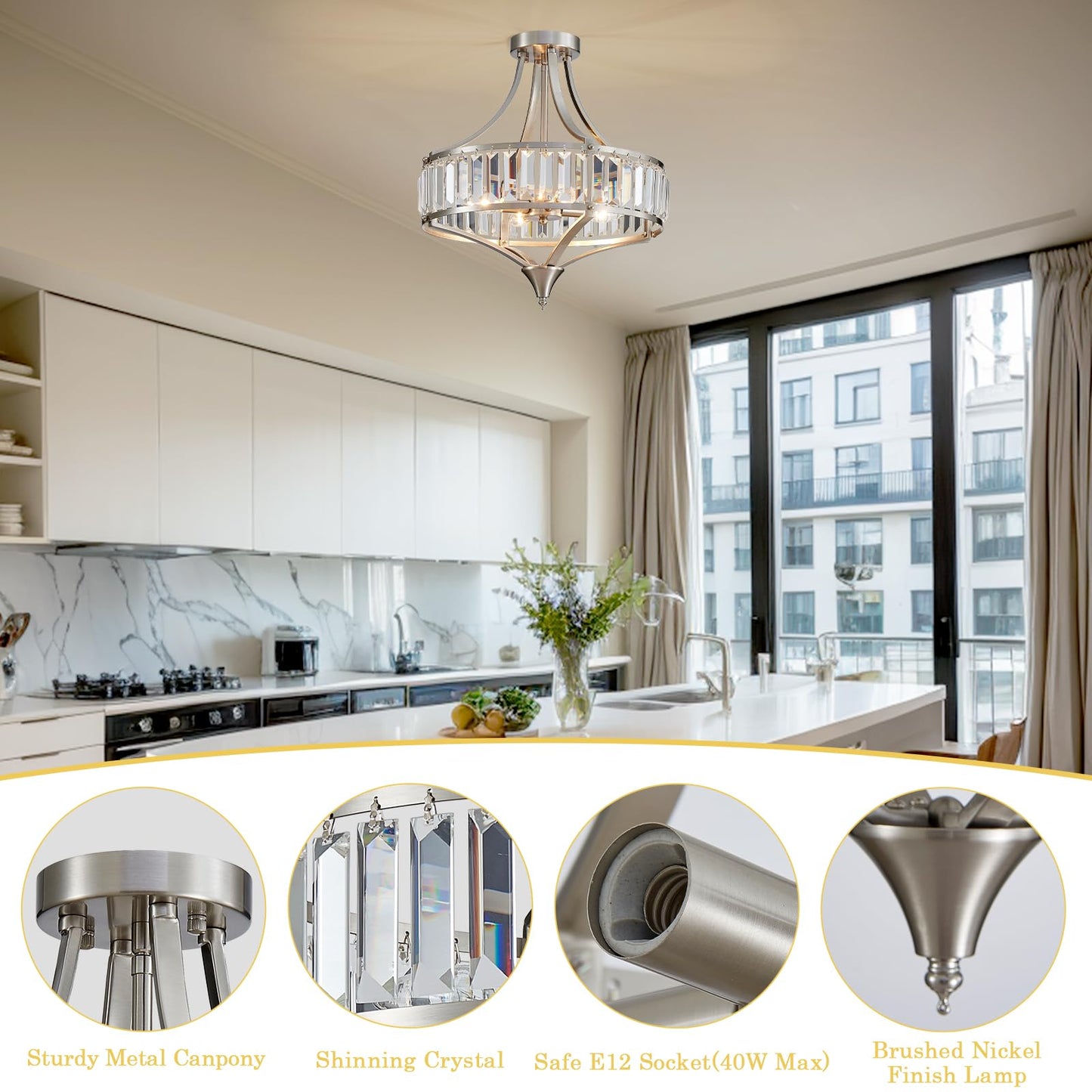 Cabvope Crystal Chandelier Ceiling Light Fixture, Modern Round Brushed Nickel Dining Room Chandeliers for Kitchen Hallway Bedroom Foyer, 16 Inch Rustic Farmhouse Semi Flush Ceiling Light, 4-Light