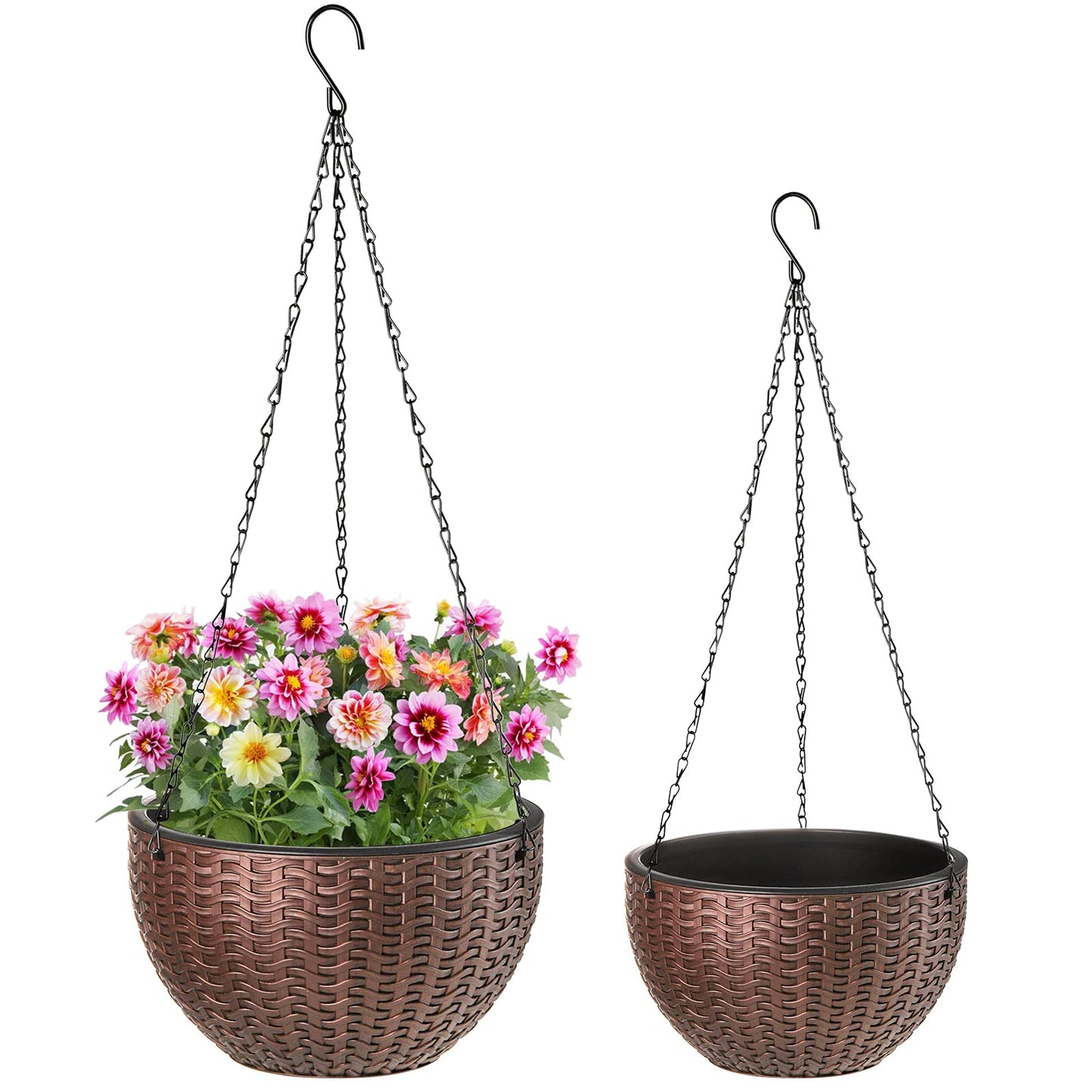 Foraineam 2-Pack Dual-pots Design Hanging Basket Planters Self-Watering Indoor Outdoor Plant & Flower Hanging Pots with Drainer and Chain, 2 Size Assorted