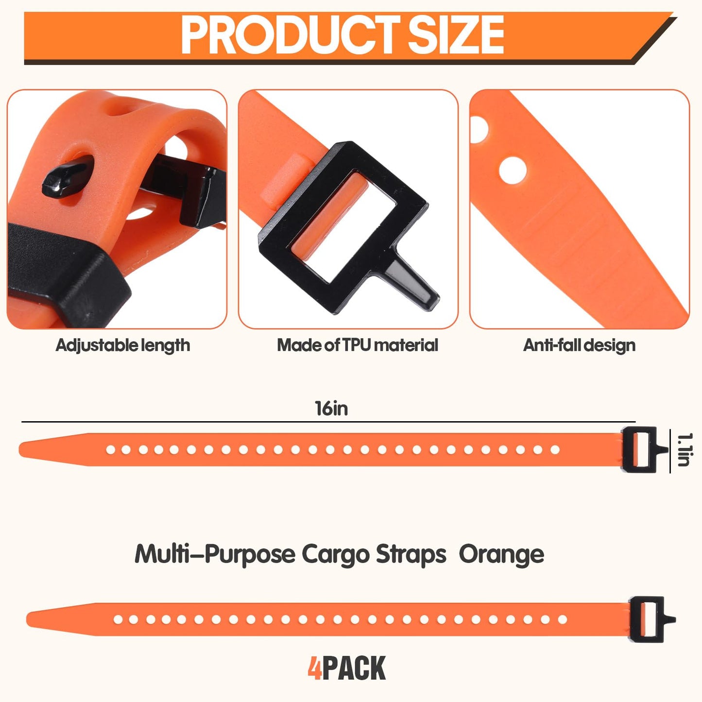 Blulu 4 Pack Reusable Industrial Straps 16" Length Reliable Tension Straps for Securing Bike Motor Gear -60 Lb. Working Load, Elastic Cable Ties for Welders Skis, Garden Hoses(Orange)