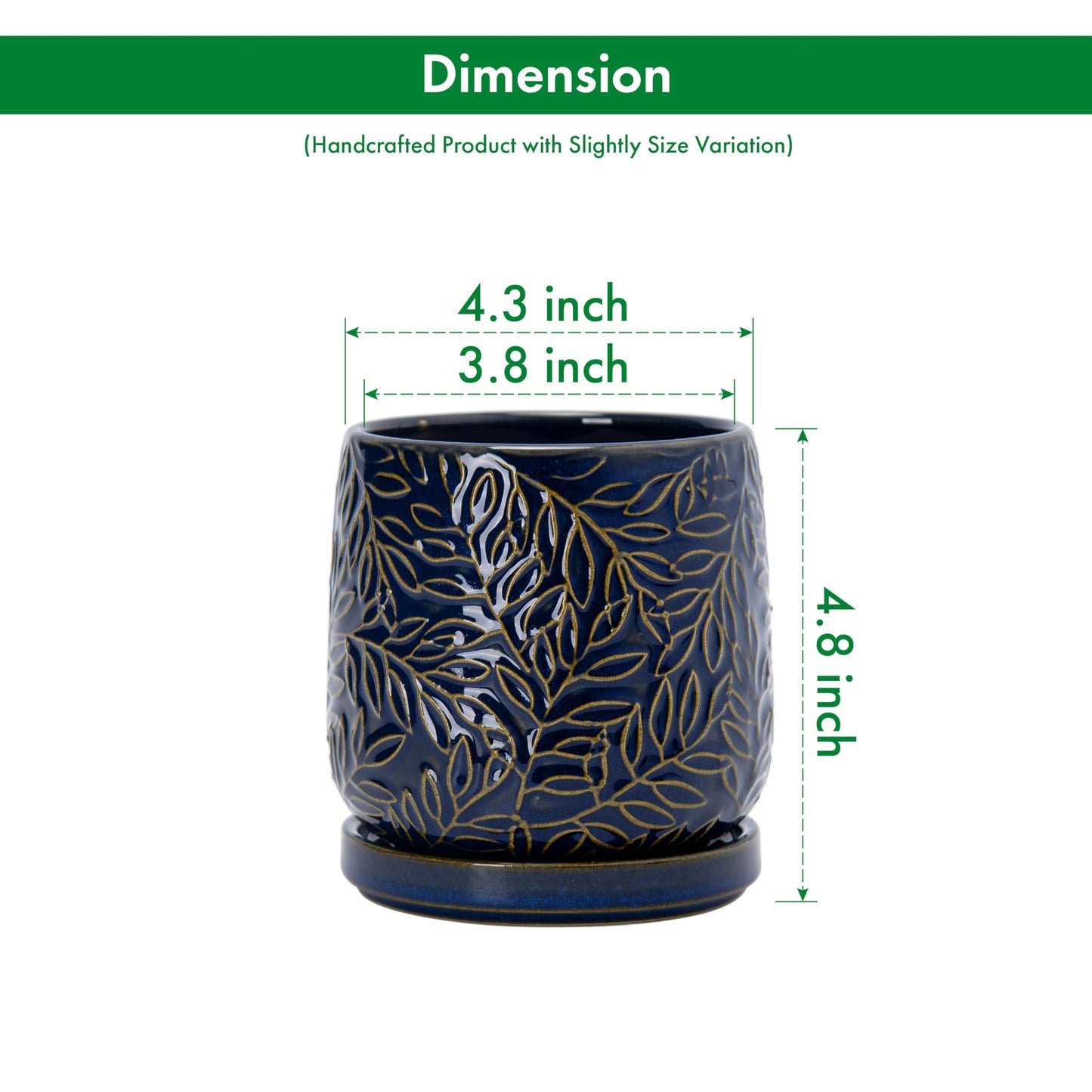 D'vine Dev 4 Inch Embossed Leaves Stoneware Planter Pot with Drainage Hole and Saucer, Midnight Blue, Set of 2, 27-F-Z-3