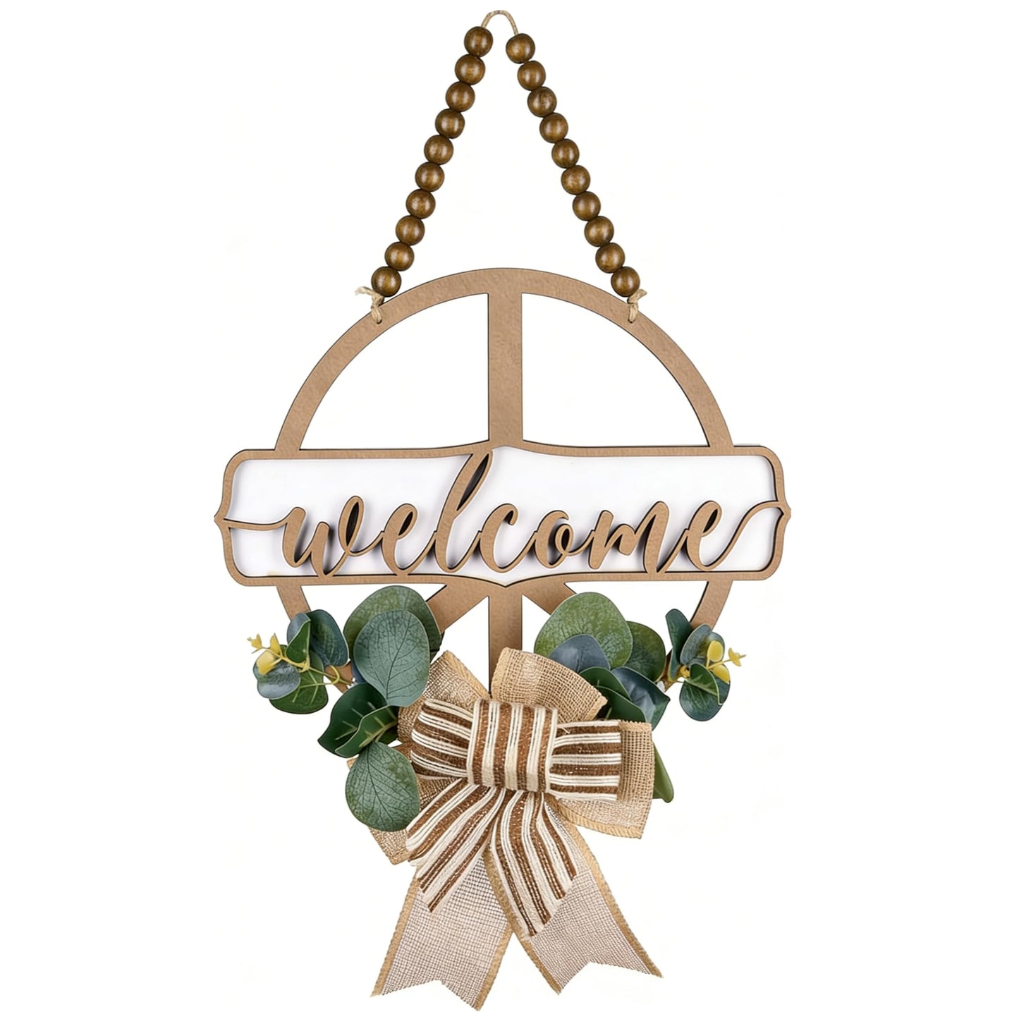 CondorPasea 12 Inch Round 3D Welcome Door Sign, 0.4" Thick Solid Wood Front Door Welcome Sign with Artificial Greenery, Buffalo Plaid Bow & Rustic Beads, Farmhouse Porch Home Décor, Hanging Welcome Home Sign