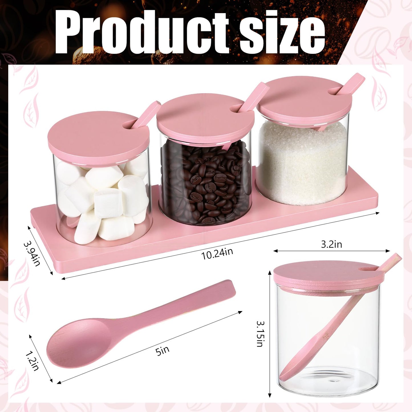 Willinglong 3 Pcs Coffee Bar Accessories Set Glass Condiment Jars with Wooden Lids Spoons, Spice Jar Set with Tray, Sugar Tea Containers for Coffee Station Organizer Kitchen Decoration(Pink)