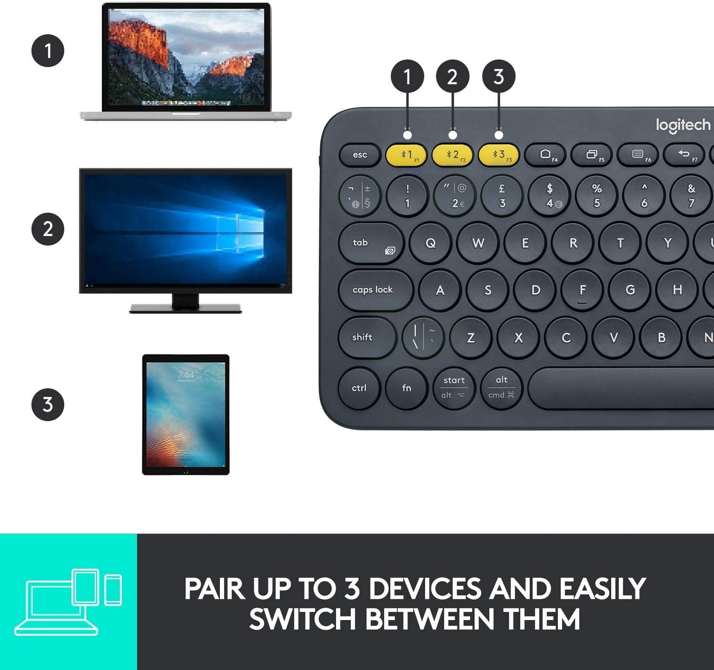 Logitech K380 Bluetooth Keyboard – Windows, Mac, Chrome OS, Android, iPad, iPhone, Apple TV Compatible – with Flow Cross, Dark Grey, Bulk Packaging