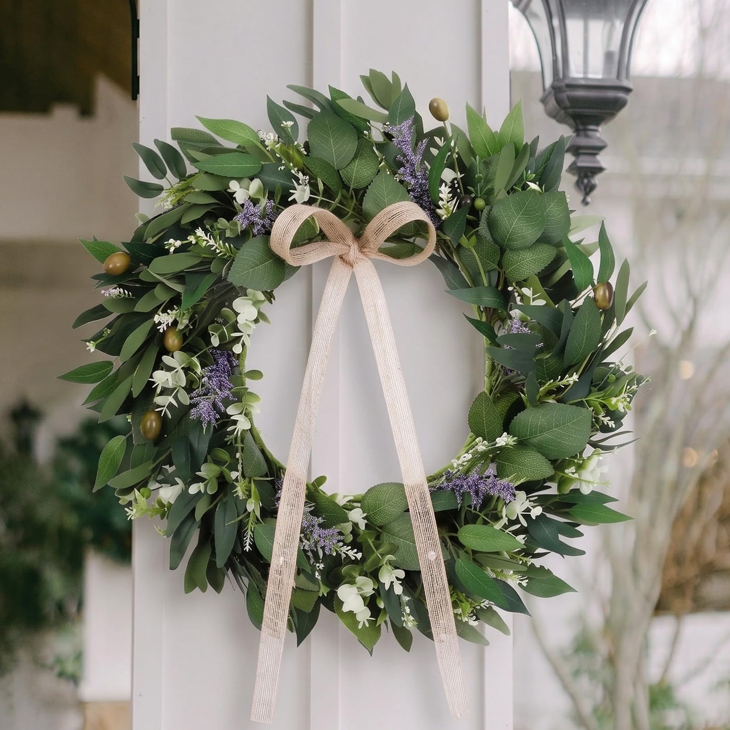 Ovveroche 22Inch Summer Eucalyptus Wreath for Front Door Greenery Wreath Door with Olive Boxwood Leaves Bow for Spring Summer All Season Outdoor Home Decor