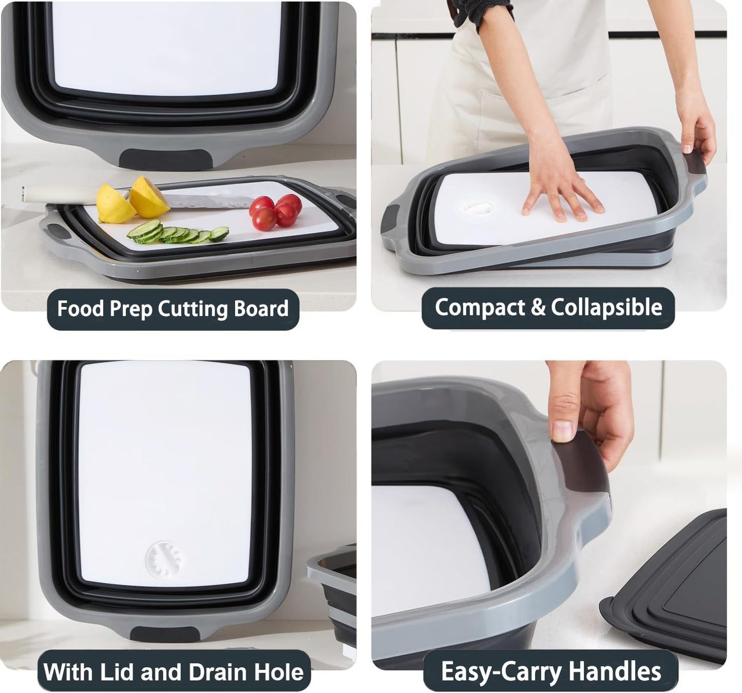 Verdvoca 1 Piece XXL & 2Pcs XL Collapsible BBQ Prep Tubs/Cutting Board with Lids for Fruit Prep & Washing, Meal Marinating and Food Storage (16L Orange +30L Black+16L Black)