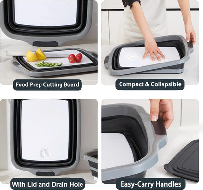 Verdvoca 1 Piece XXL & 2Pcs XL Collapsible BBQ Prep Tubs/Cutting Board with Lids for Fruit Prep & Washing, Meal Marinating and Food Storage (16L Orange +30L Black+16L Black)