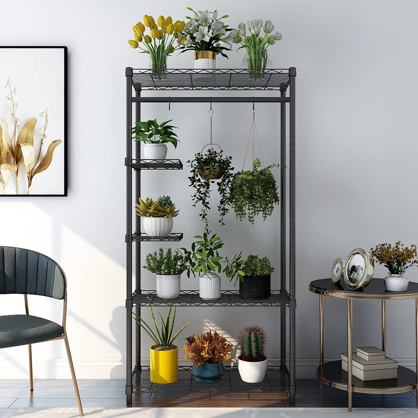 Xiofio Plant Stand for Indoor Outdoor,Metal Plant Stands,Adjustable Plant Shelves with Hanging Rod for Bedroom Living Room Balcony Garden,Black