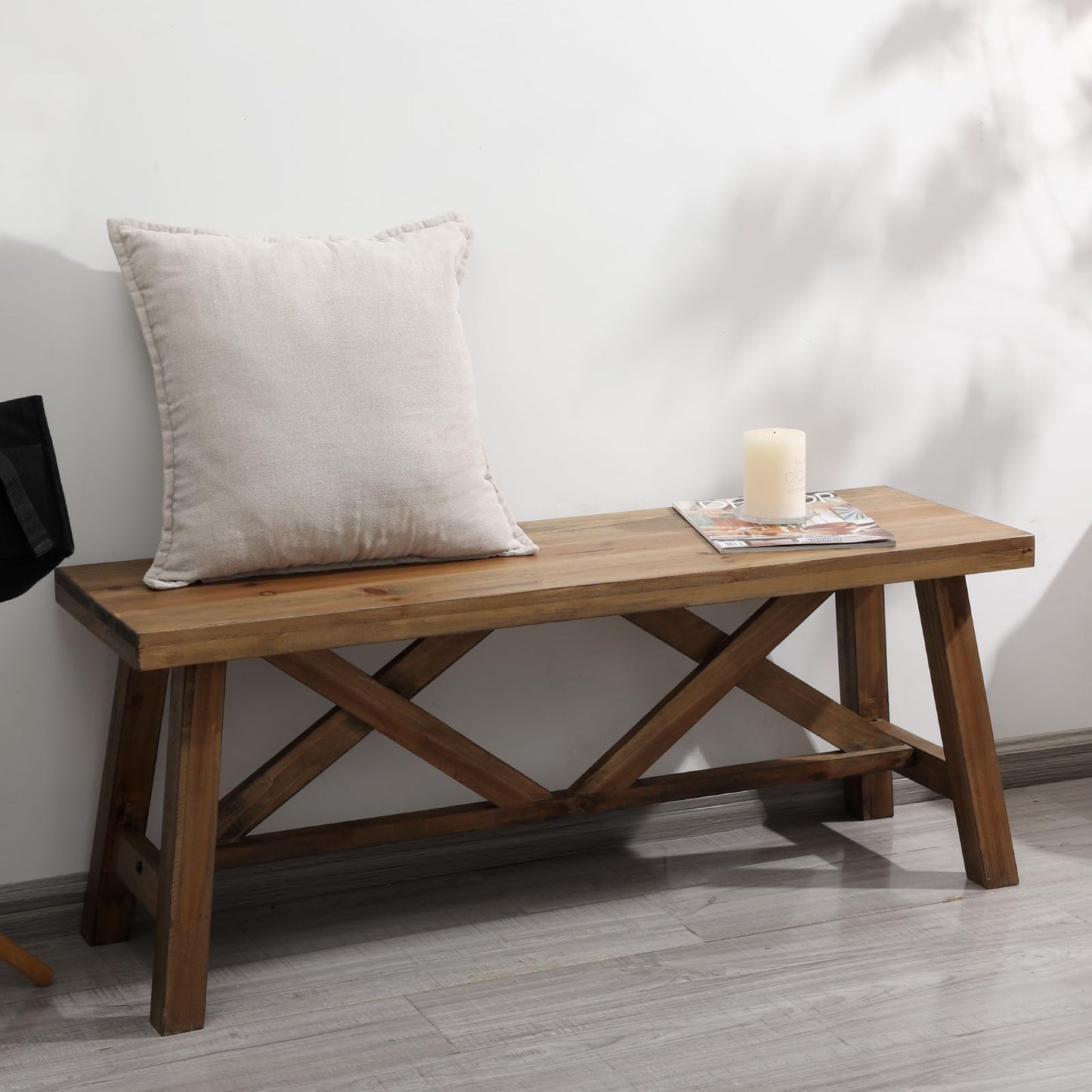 Wnutrees 43" Farmhouse Wood Bench, Rustic Solid Wood Entryway Bench Seat with Double X-Structure for Dining Room, Living Room, Hallway, Structural Stability, Natural