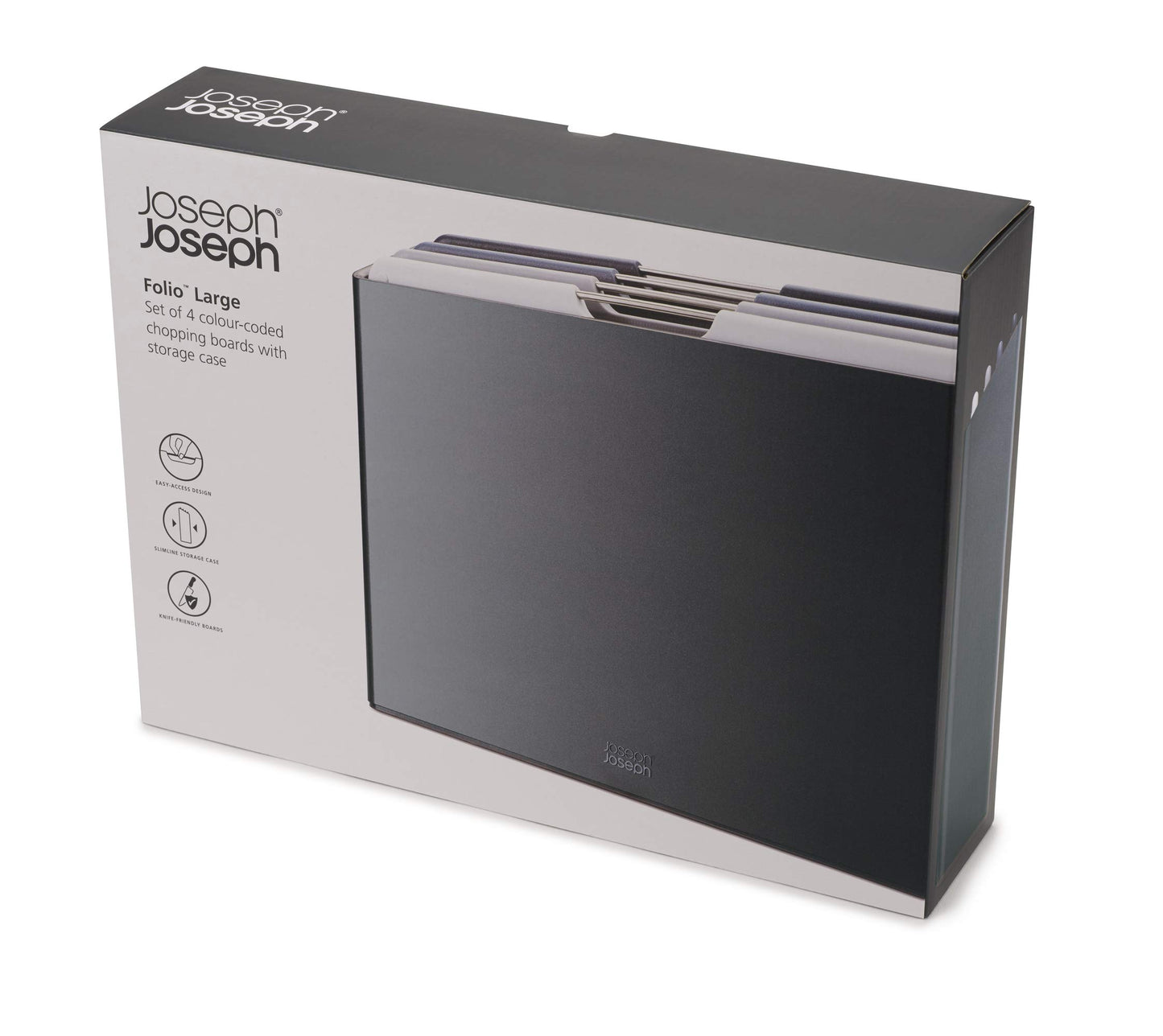 Joseph Joseph Folio 4-Piece Colour coded Cutting Board Set, Slimline case for organized Kitchen storage, Graphite