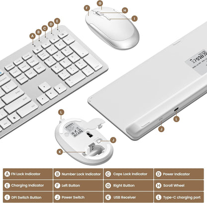 seenda Rechargeable Wireless Keyboard and Mouse, SK38-3 Ultra Slim Quiet USB Keyboard and Mouse Set for Windows Laptop PC, Full-Size QWERTY UK Layout, Silver and White