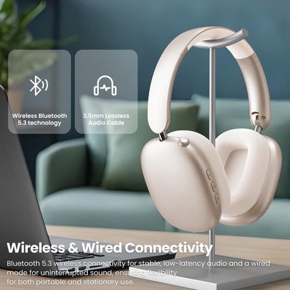 Wentronic Y01 Wireless Noise Canceling Headphones Bluetooth 5.3 Over Ear Headphones with Microphone, Hi-Res Audio, 48H Playtime, Foldable Comfortable Earpads,Compatible with iOS,Android,PC, Starlight