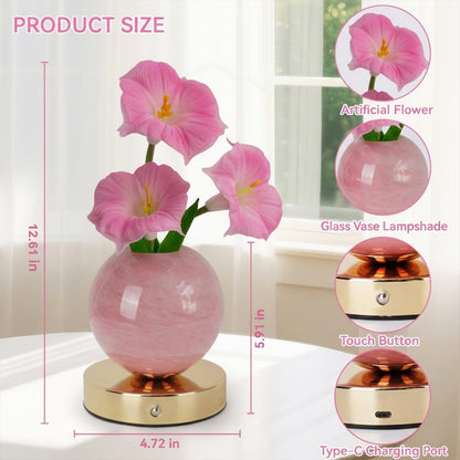 Strackvial Flower Table Lamp, Rechargeable Cordless Touch Dimming Artificial Morning Glory Flower Desk Lamp, LED Flower Bedside Night Light Romantic Gifts for Girl Women Mom (Pink Morning Glory)