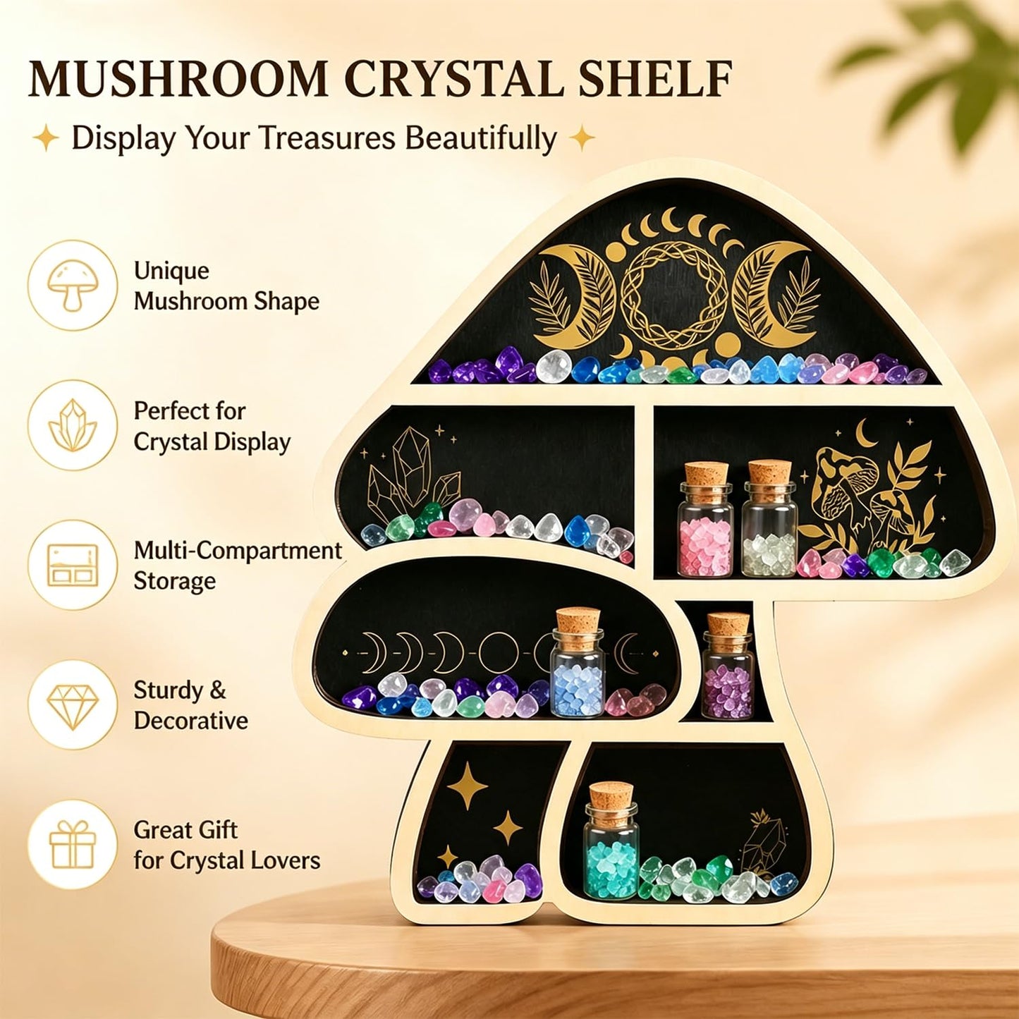 Zetosva Mushroom Gifts Floating Shelves, Crystal Display Shelf & Crystal Holder, Cute Mushroom Wall Decor and Mushroom Shelves, Trinket Shelf Rock Display Case, for Unique Home Decor