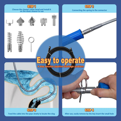 Drain Snake Unblocker 5 m, Spiral Diameter 12 mm, with 6 Pieces Drain Cleaner Cutting Head and 1 Manual Adapters, Sink Unblocker and Drain Unblocker Tool