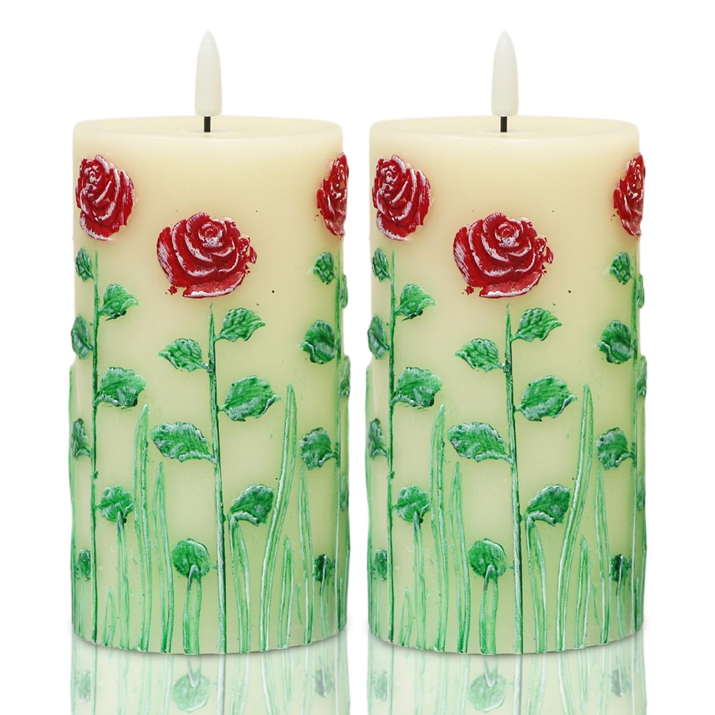 Kunswenn Flameless Candles with Embossed Rose, Battery Operated Pillar Candles with 6H Timer, Real Wax LED Flickering Candle with Flickering Flame for Wedding Holiday Decorations(Set Of 2, D3”x H6.5”)