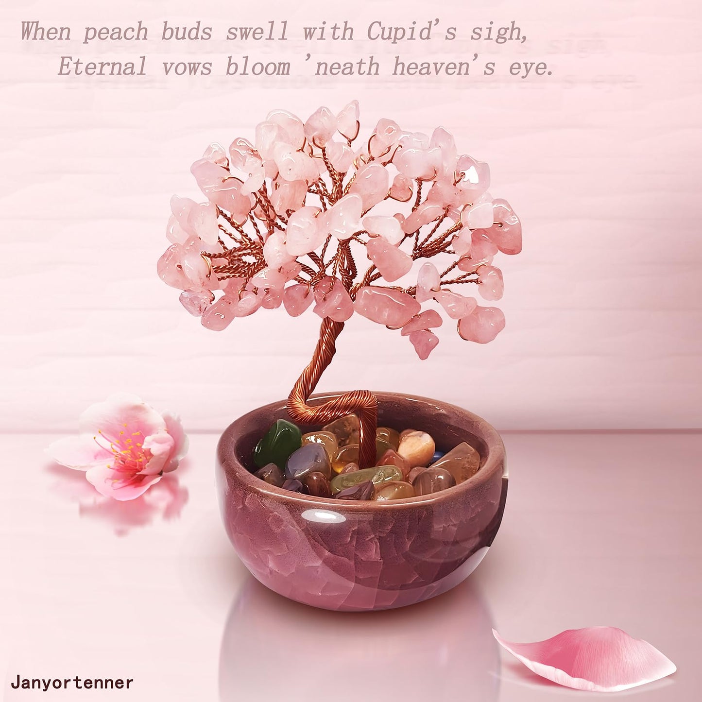 Janyortrenner Rose Quartz Crystal Tree,Romantic Office Desk Bedroom Decor,Handmade Copper Wire in Crackle Ceramic Base,Spiritual Gift for Her