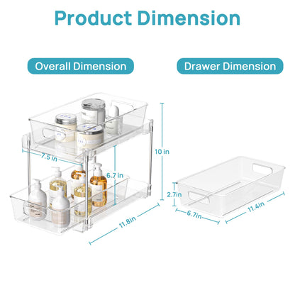 Vtopmart 4 Pack Bathroom Organizer, 2 Tier Clear Under Sink Organizers Vanity Countertop Storage Container,Cabinet Drawers Bins, Pull-Out Organization with Track for Pantry, Kitchen