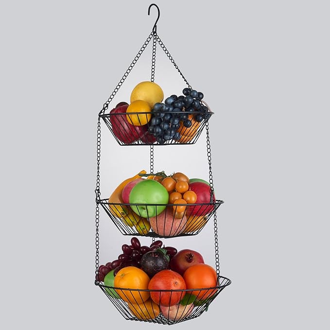 3-Tier Wire Fruit Hanging Basket 2 Packs, non-Punching Wall Hanging Storage