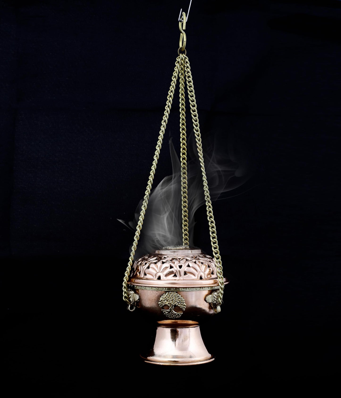 Indian Consigners Copper Altar Incense Charcoal Burner Holder with Chain (Tree of Life)