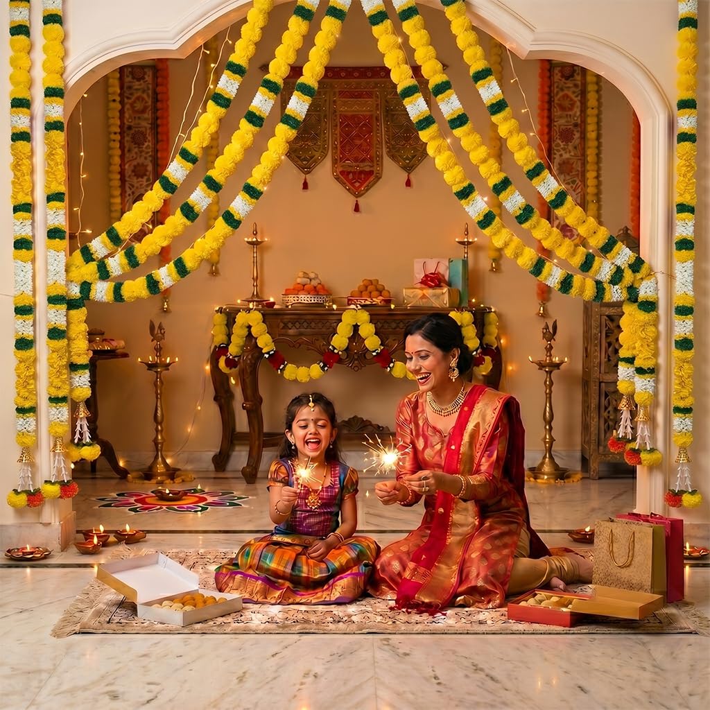 DIYANA IMPEX 4 Pc Artificial Marigold Garland with Bells, 5 Ft Long Hanging Flower Strings for Diwali Decorations, Indian Wedding, Party, Home Decor, Ganpati Hanging Decor & Mantle Decor (Yellow)