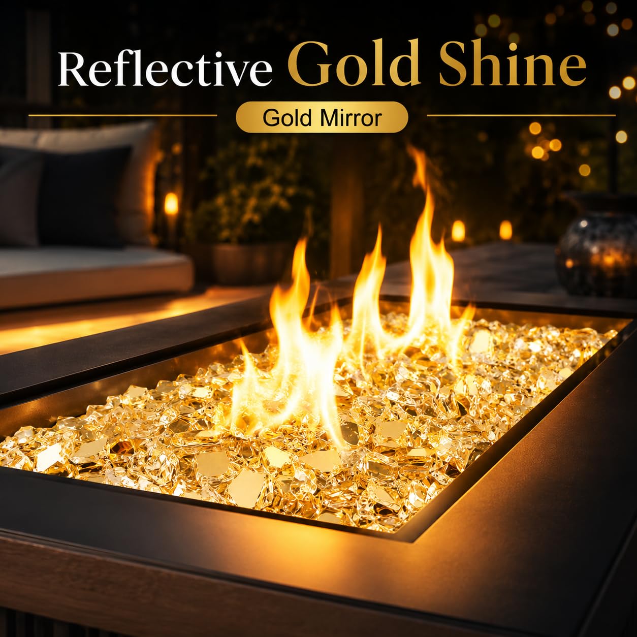GRISUN Gold Fire Glass for Fire Pit, 20 Pounds 1/2 Inch High Luster Reflective Tempered Glass Rocks for Natural or Propane Fireplace, Safe for Outdoors and Indoors Firepit Glass