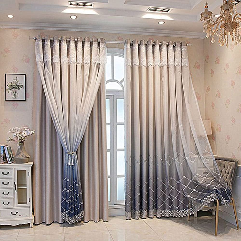 Amidoudou 1 Pair Double Layer Geometric Curtains for Living Room Gradient Diamond Pattern Embroidered Curtains for Bedroom (Grey,54x90 Inch)