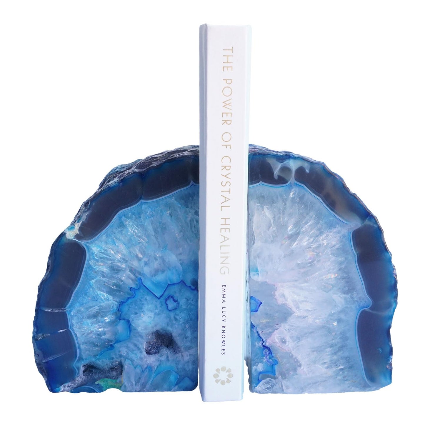 Sisamn Natural Blue Dyed Agate Geode Bookends - 3 to 4 lb Heavy Duty Rock Crystal Stone Book Ends for Shelves, with Rubber Bumpers, Decorative Book Holders for Home Office