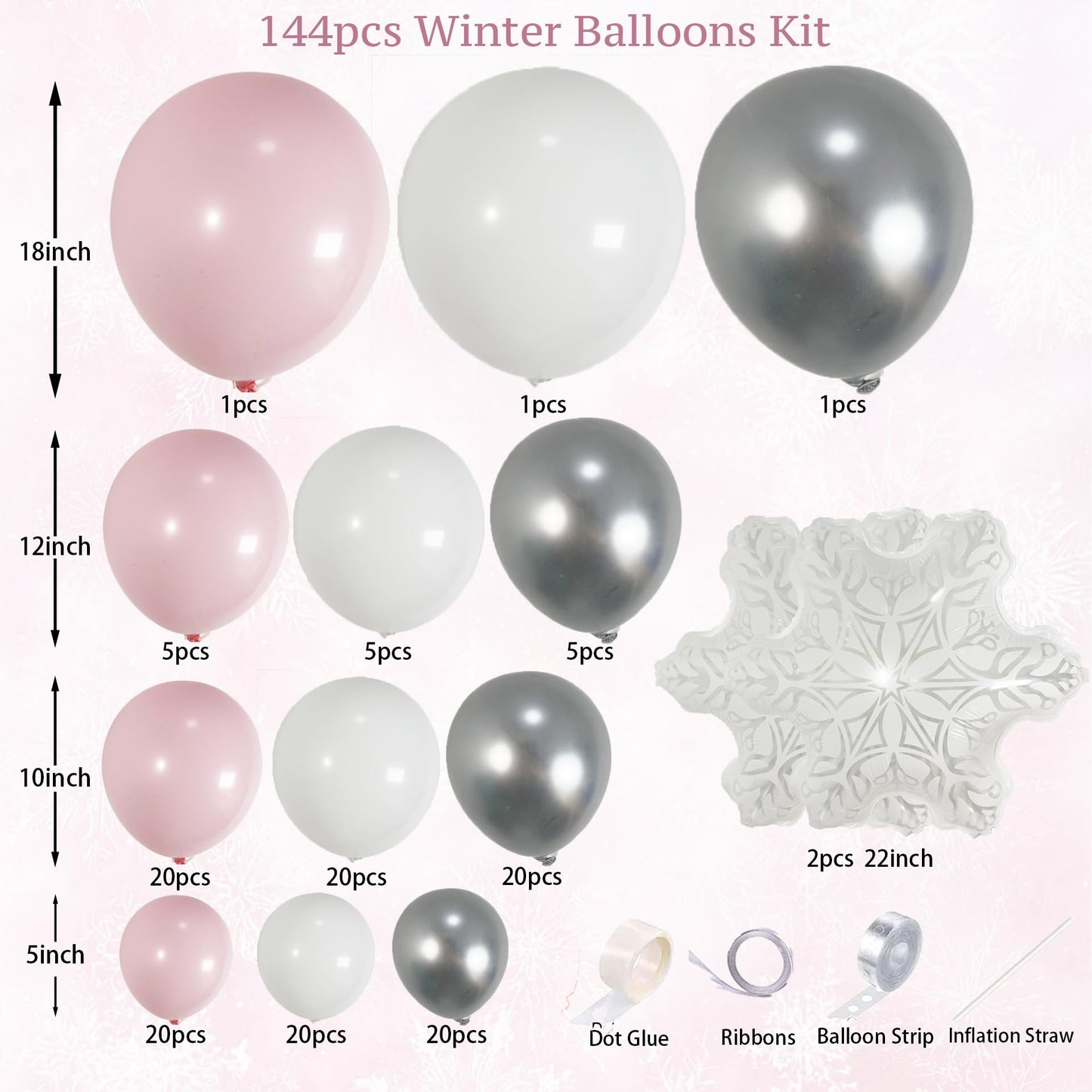 PartyXpress 144PCS Pink Winter Balloon Arch Garland Kit with White Silver Snowflake Star Balloons for Winter Wonderland Girl Baby Shower, Baby Its Cold Outside Party, Christmas Decorations