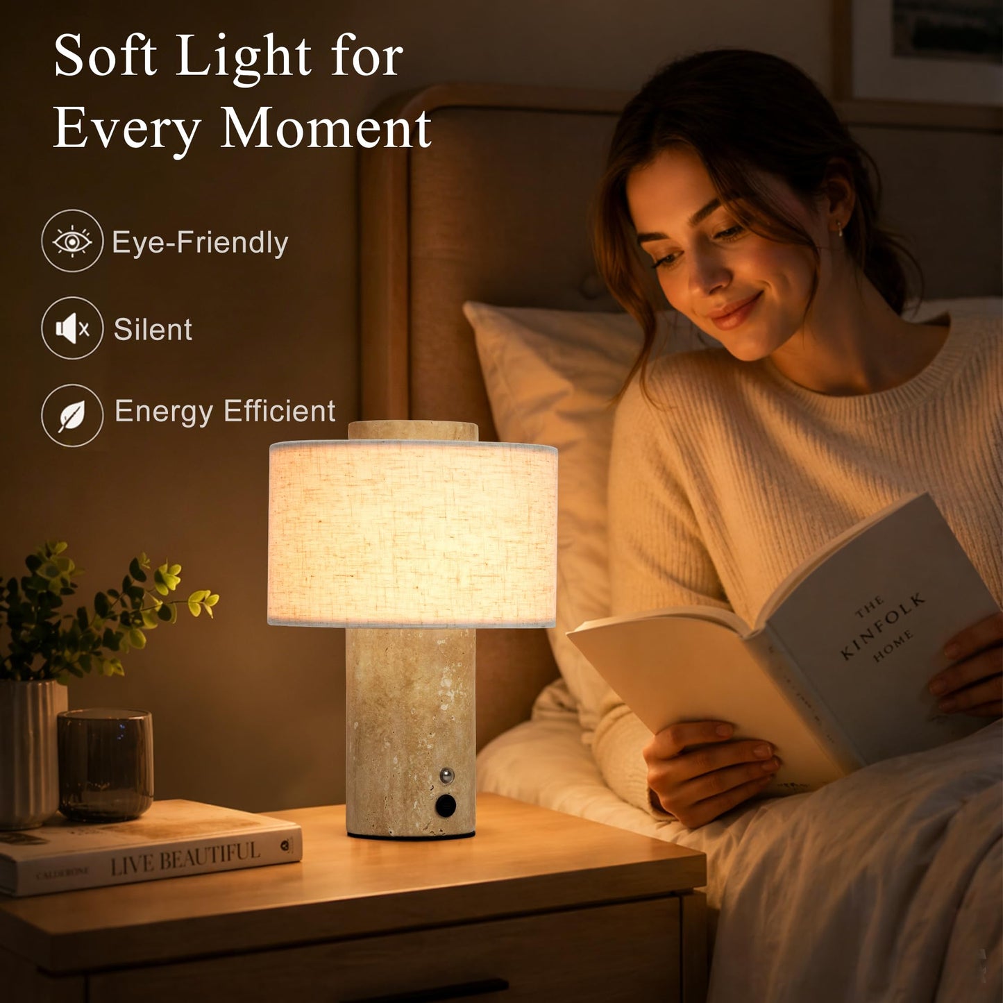 YMXYJM Marble Table Lamp, Rechargeable Cordless Bedside Lamp with Touch Control & Stepless Dimming, Linen Shade Decorative Lamp for Bedroom, Living Room, Nightstand & Bookshelf, Travertine