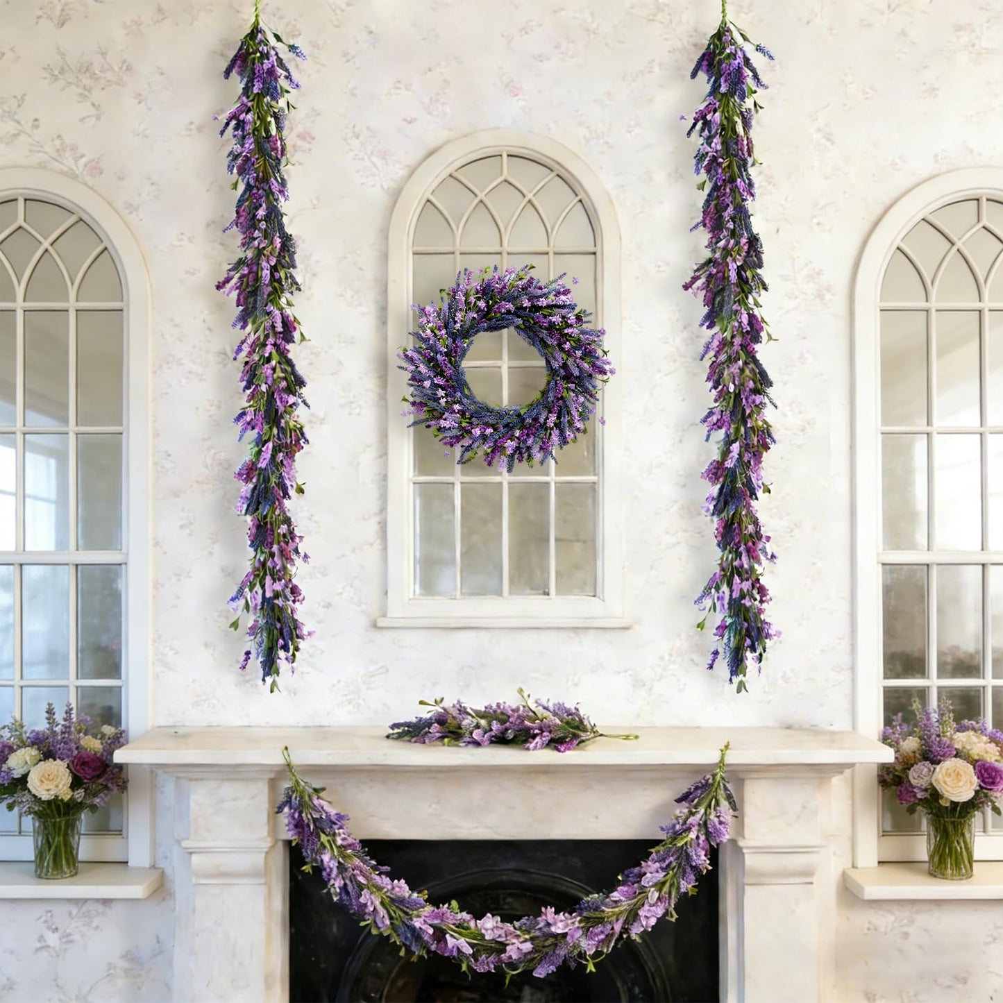 Egolot Purple Lavender Flower Garland for Mantle & Fireplace, 70Inch Spring Summer Garland for Front Door Wedding Decor, Rustic Farmhouse Indoor Outdoor Swag