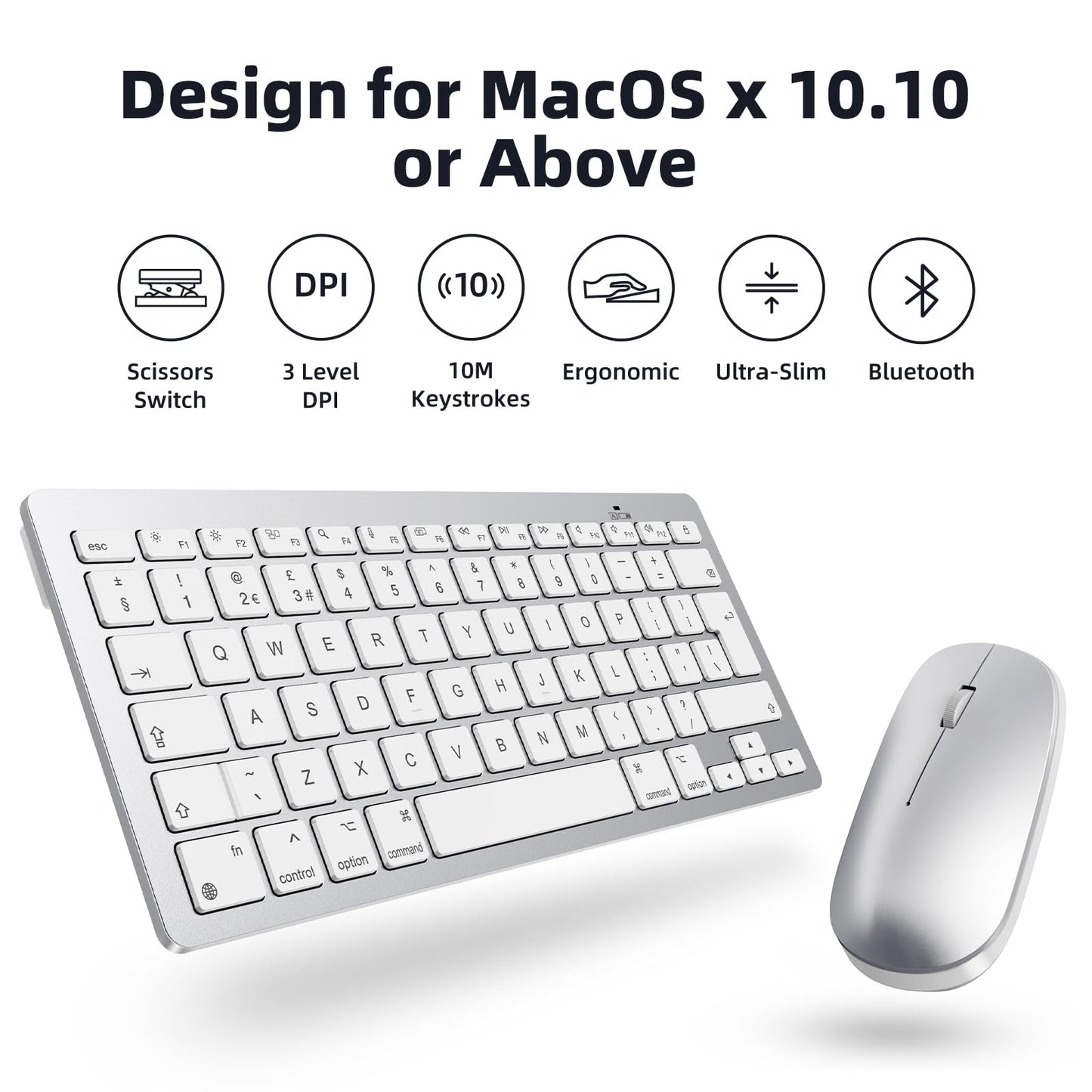 Bluetooth Keyboard and Mouse Set for Mac, OMOTON Ultra-Slim Wireless Keyboard and Mouse Combo for Apple Mac, MacBook Pro/Air, iMac, Mac Mini,Battery-powered, QWERTY UK Layout, Silver