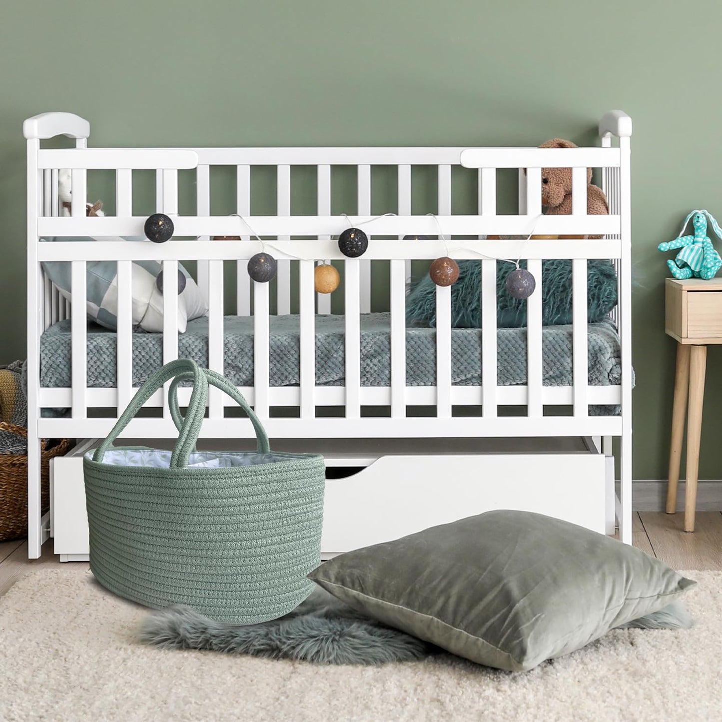 KiddyCare Diaper Caddy Organizer for Baby Nursery Basket with Handle Lid Nursing Caddy with Changing Table Organizer Cart Newborn Caddy Basil Large