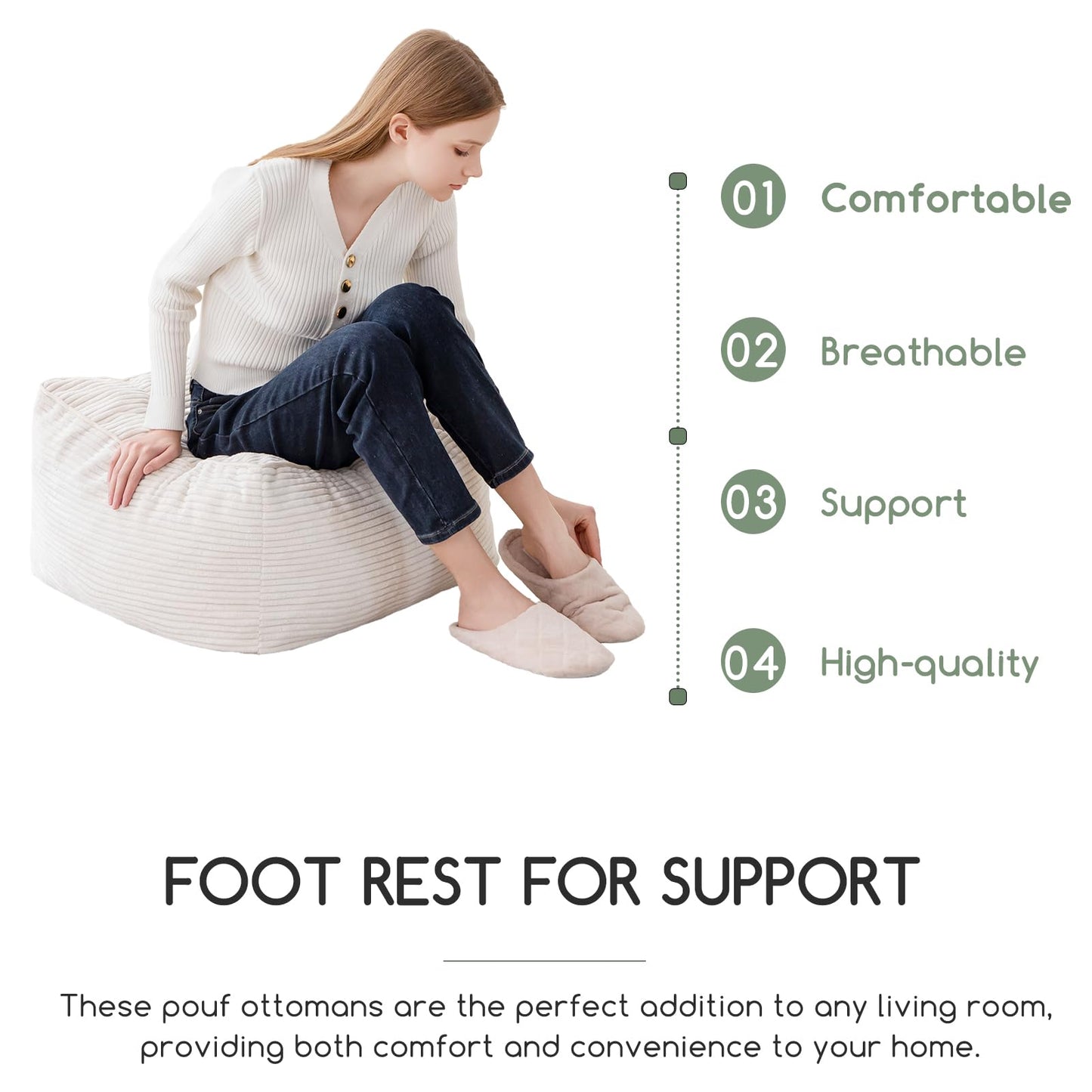 HIGOGOGO Square Stuffed Pouf Ottoman, Corduroy Poufs with Foam Chunk Filling, Furry and Fluffy Pouf Foot Stool Storage Ottoman, 21 X 21 Floor Poufs Foot Rest for Living Room, Beige