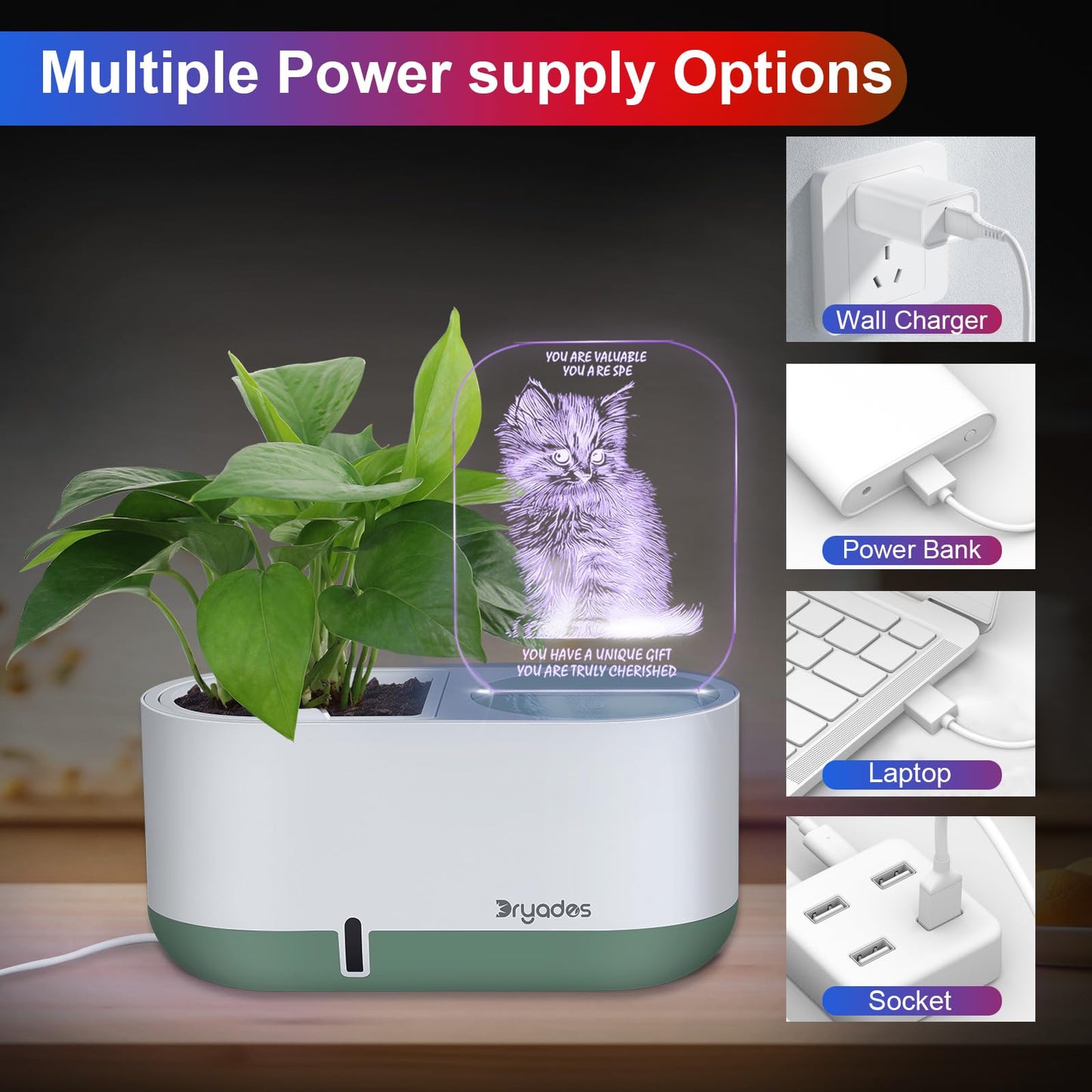 Self-Watering Plant Pot with LED Note Board & 7 Colors Pen Acrylic Message Board with Light Acrylic Dry Erase Board, Led Cat Board Night Light with Planting Pot for Christmas(No Plant&Seed)