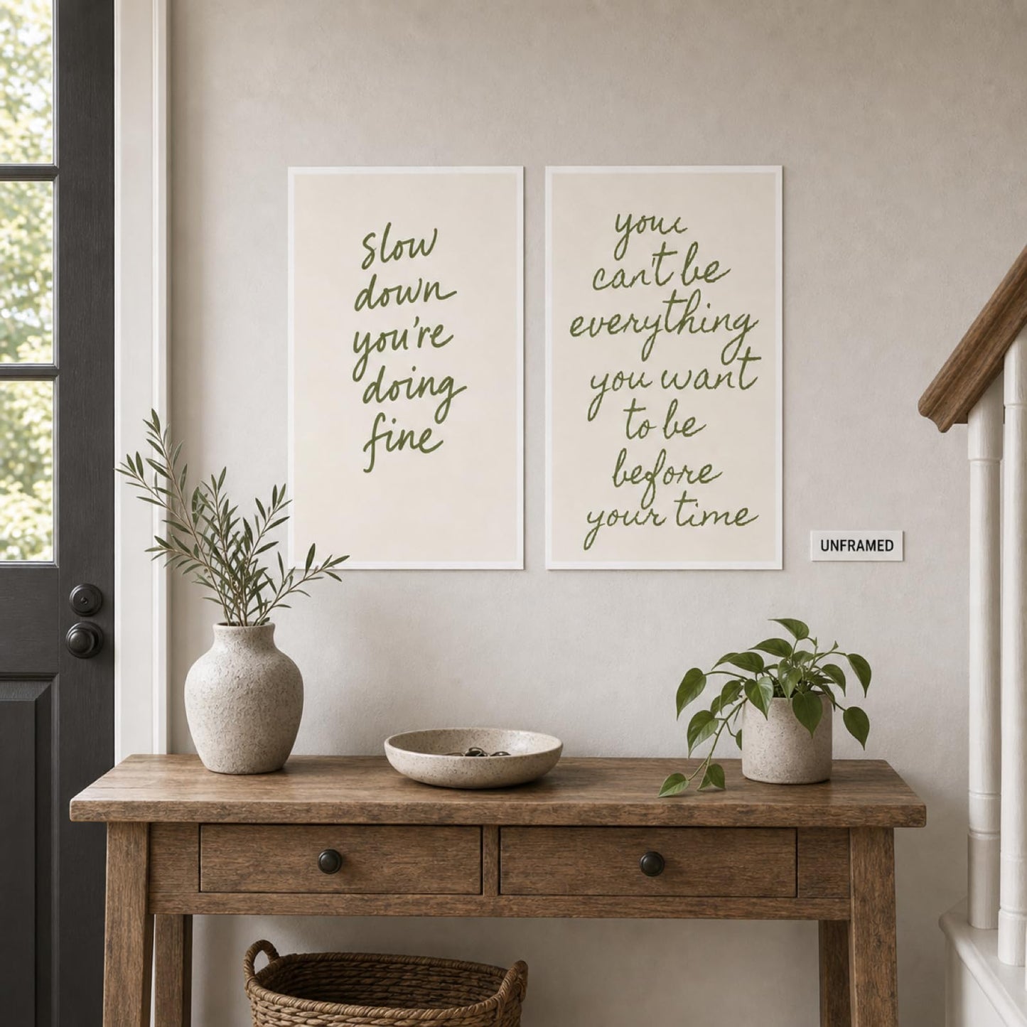 Slow Down & You Can't Be Everything Quote Wall Art Set of 2 Modern Minimalist Sage Green Neutral Tone Inspirational Wall Decor for Living Room Bedroom Office Calming Mindfulness Art 16x24 Inch Unframed