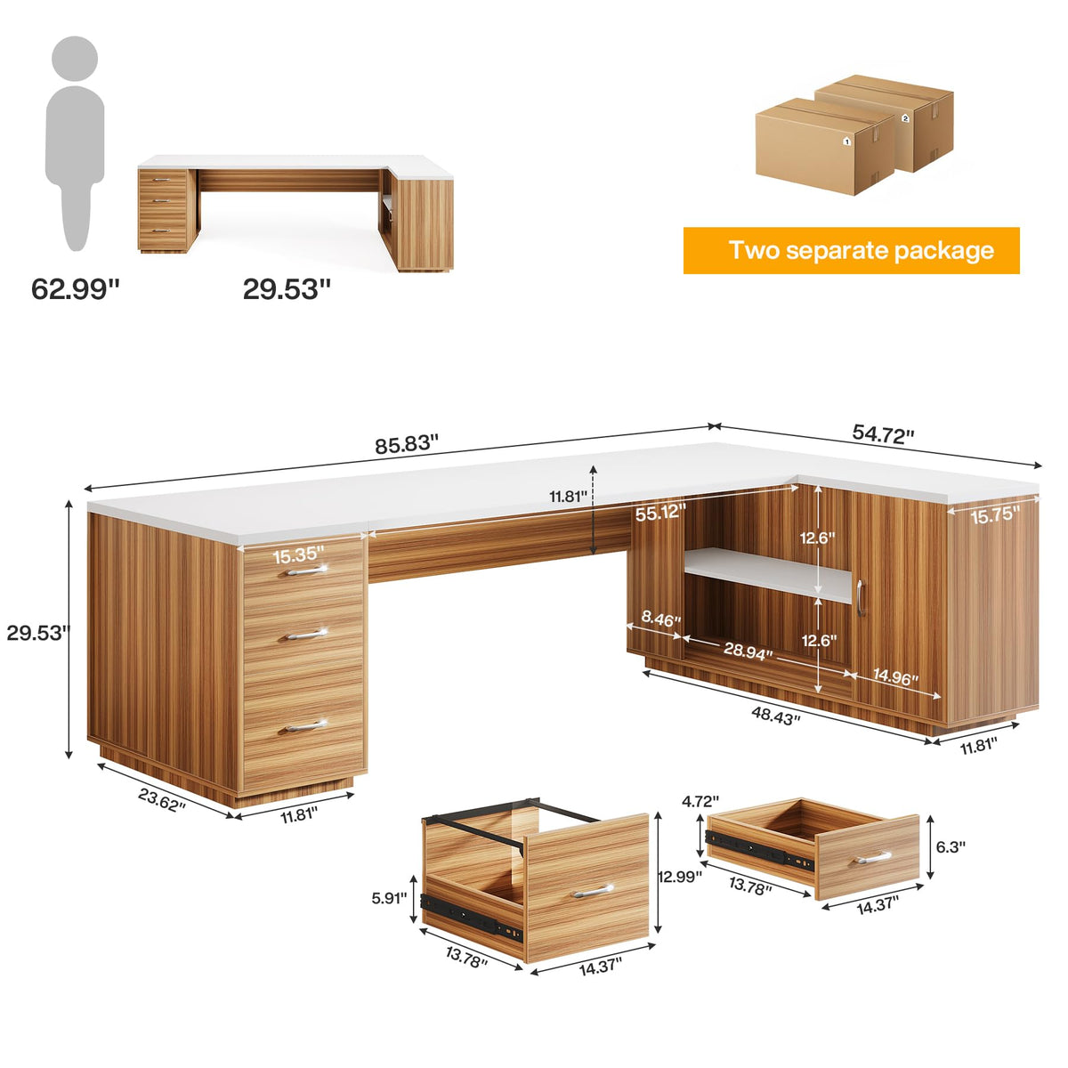 Tribesigns 85.8-Inch L-Shaped Executive Office Desk with File Drawers & Storage Cabinet, Professional Corner Computer Desk Extra Large Business Workstation with Adjustable Shelves (White&Walnut)