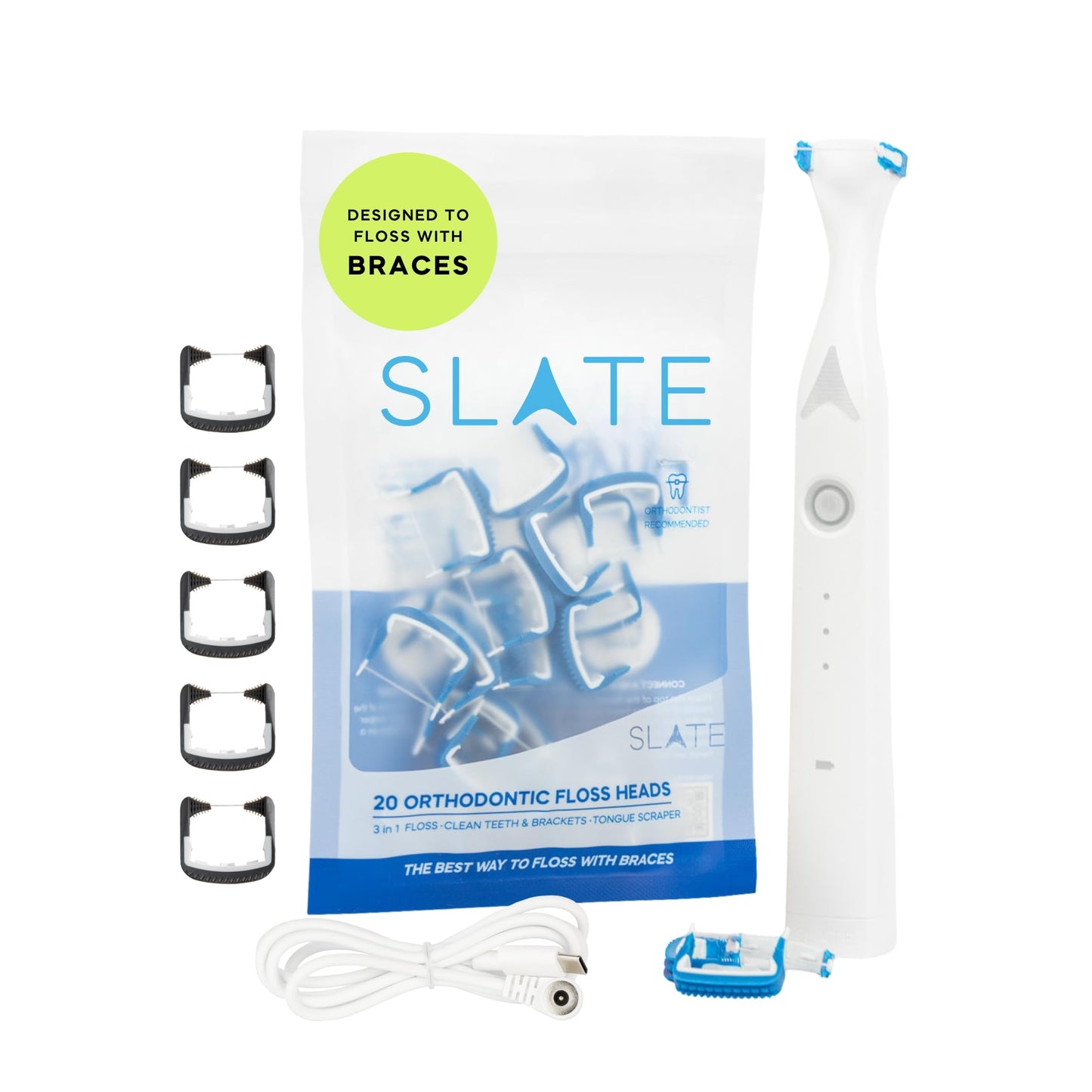 Slate Electric Flosser - Starter Set | 3-in-1 Dentist-Invented with Reusable Floss Heads, Gum Brushes & Tongue Scraper | More Effective Than String or Water Floss