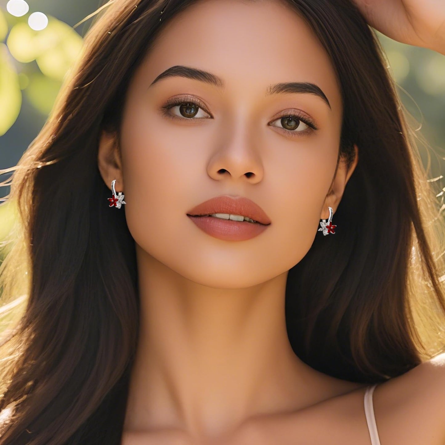 Watforsh 925 Sterling Silver Flower Earrings for Women Dangling Leverback Earrings with Ruby and White Crystal Double Floral