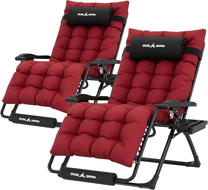 UDPATIO Oversized Zero Gravity Chair Set of 2, 29In XL Patio Reclining Chair with Cushion, Outdoor Folding Recliner with Pillows|Cup Holder|Foot Rest|Padded Headrest, Burgundy, Support 500LB