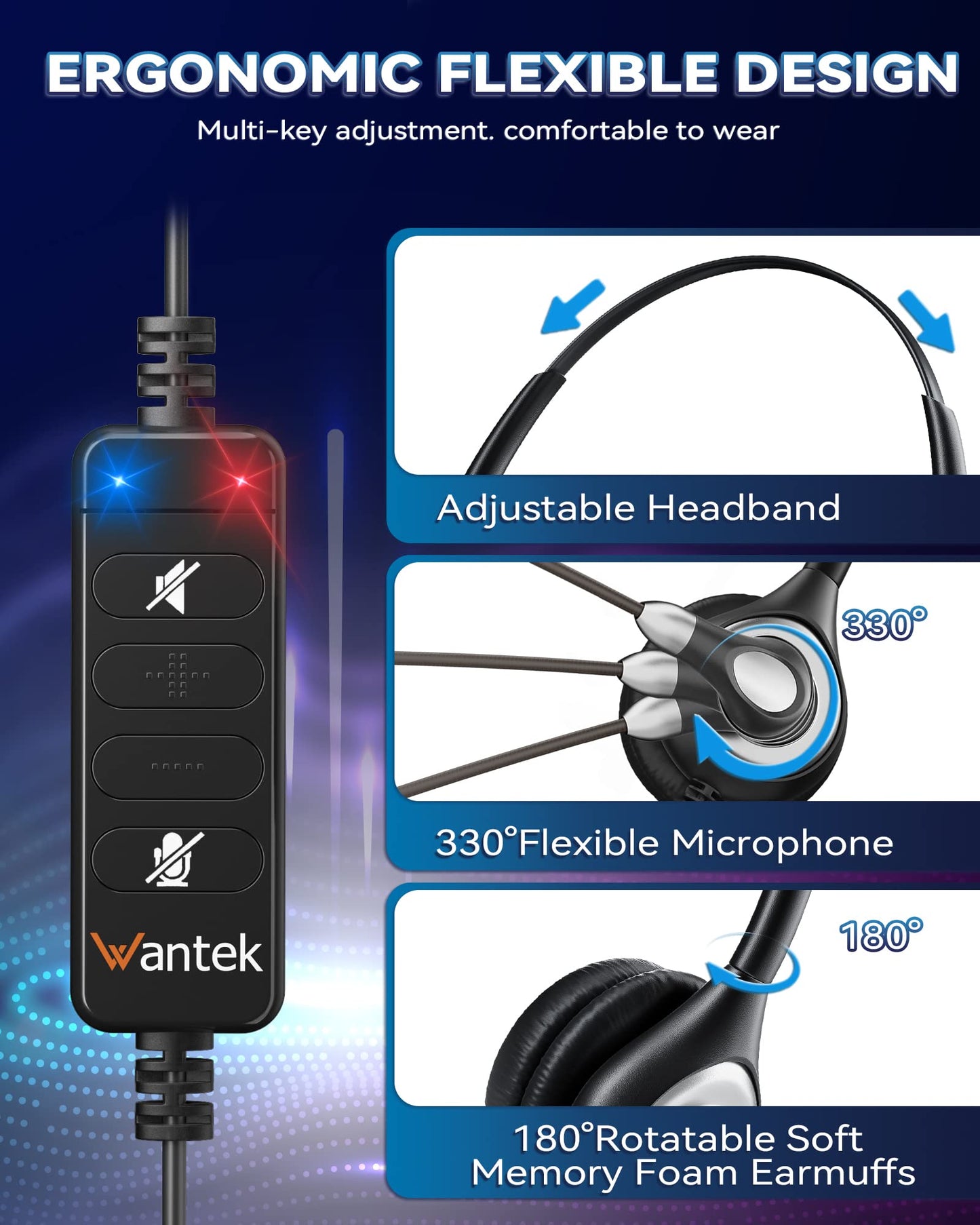 Wantek Corded USB Headsets Mono with Noise Cancelling Mic and in-line Controls, UC Business Headset for Skype, SoftPhone, Call Center, Crystal Clear Chat, Super Lightweight, Ultra Comfort (UC600)