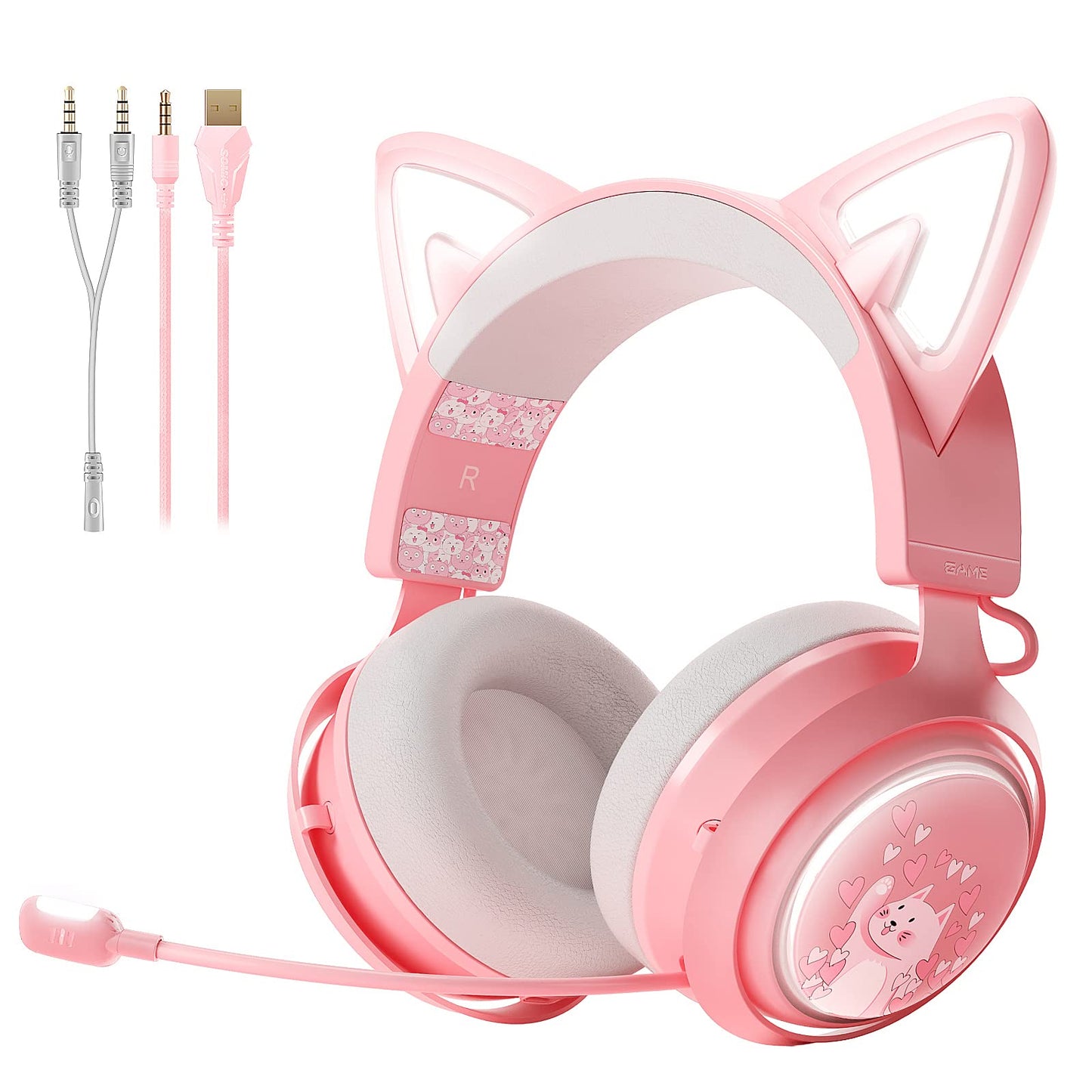 SOMIC GS510 Gaming Headset, Cat Ear Headset PC Gaming Headphones with Retractable Mic Noise Cancelling, Stereo Sound, DIY Face Covers for PC, PS4, PS5,Xbox One(Only White LED Light)-Pink