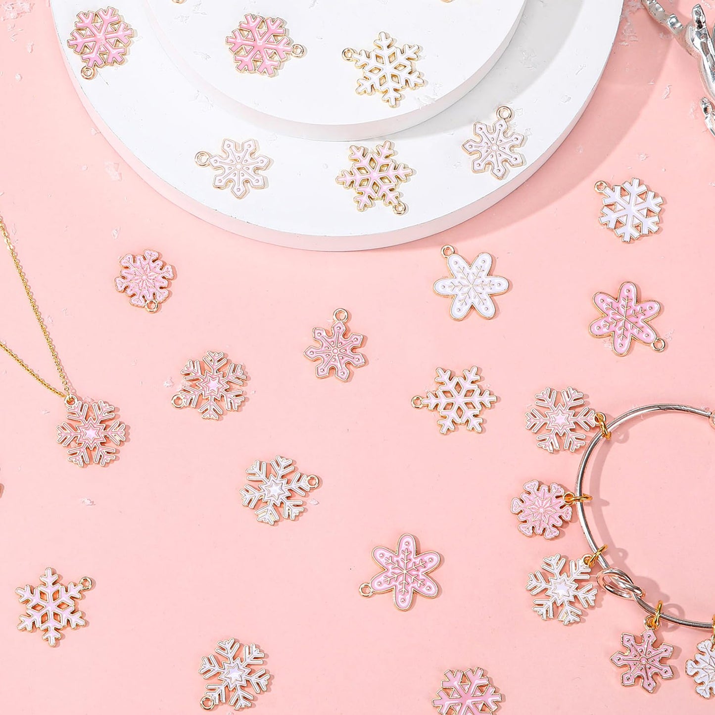 Misdary 100 Pcs Pink Winter Charms for Jewelry Making Earring Necklace Bracelet Xmas Charms Metal Alloy Jewelry Pendants for DIY Winter Holiday Xmas Craft Ornaments Gifts Supplies (Pink Snowflake)